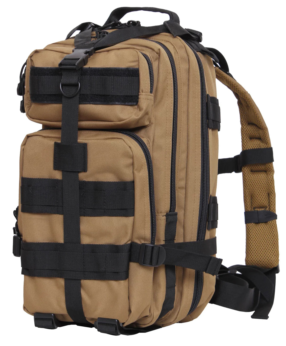Tan tactical backpack with black straps on a white background