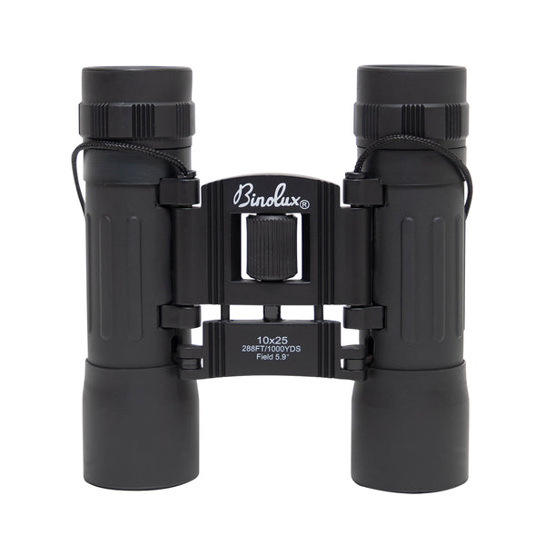 Rothco Compact 10 x 25 mm Travel Binoculars (Black), bottom view in the deployed configuration showing compact folding roof prism design, focusing wheel and neck strap.