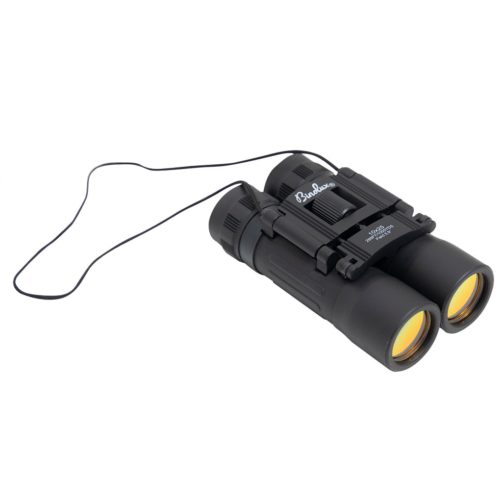 Rothco Compact 10 x 25 mm Travel Binoculars (Black), oblique top view in the folded configuration showing objective lenses, compact folding roof prism design, focusing wheel and neck strap.