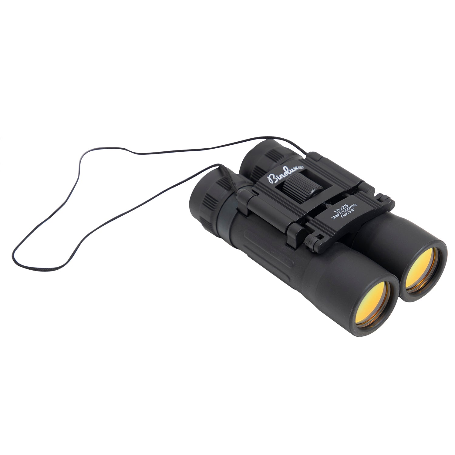 Rothco Compact 10 x 25 mm Travel Binoculars (Black), oblique top view in the folded configuration showing objective lenses, compact folding roof prism design, focusing wheel and neck strap.