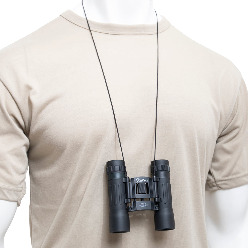 Rothco Compact 10 x 25 mm Travel Binoculars (Black), bottom view in the deployed configuration showing the instrument as worn and ready for use.