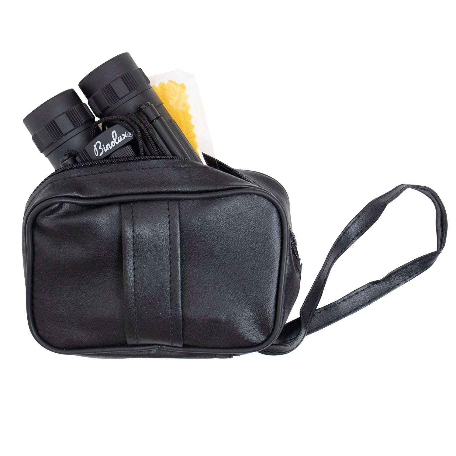 Rothco Compact 10 x 25 mm Travel Binoculars (Black), top view in the folded configuration showing the instrument in the carrying case with lens cloth.