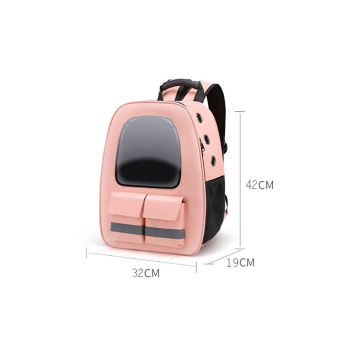 Pet Breathable Traveling Backpack (pink), showing product dimensions