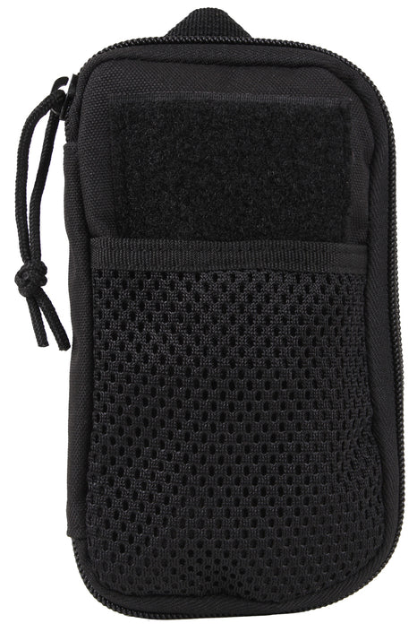 Rothco’s MOLLE EDC wallet and cell phone pouch (Black), direct front view in the closed configuration showing the exterior mesh pocket and hook-and-loop field for a morale patch.