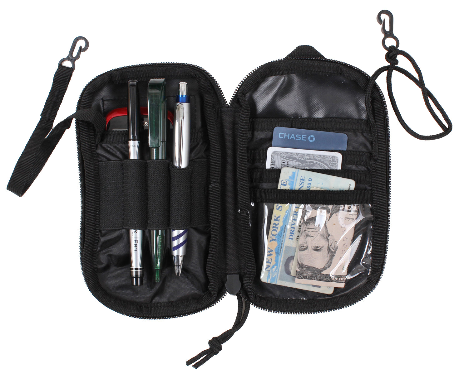 Rothco’s MOLLE EDC wallet and cell phone pouch (Black) in the open configuration showing the lanyards, interior compartments and utility retainers with sample contents.