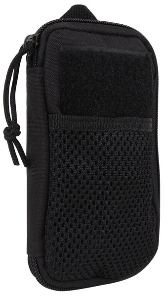 Rothco’s MOLLE EDC wallet and cell phone pouch (Black), oblique front view in the closed configuration showing the exterior mesh pocket and hook-and-loop field for a morale patch.