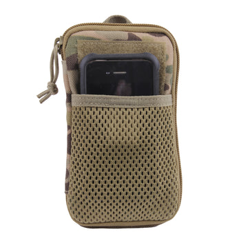 Rothco’s MOLLE EDC wallet and cell phone pouch (MultiCam) in the closed configuration with a sample cell phone stowed in the exterior mesh pocket.