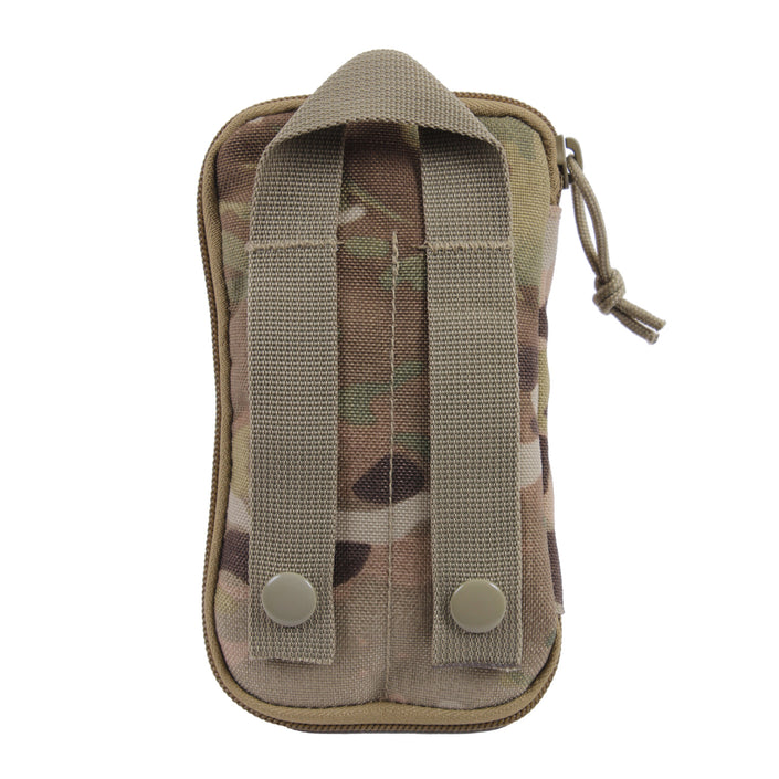 Rothco’s MOLLE EDC wallet and cell phone pouch (MultiCam) in the closed configuration, rear view showing the double belt loop and grab handle.