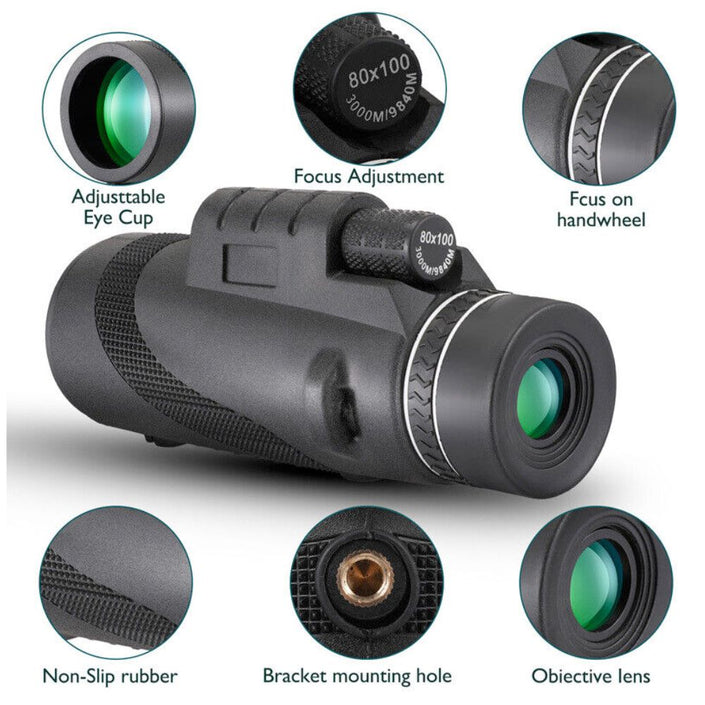HD Monocular for Smartphones, showing closeup insets of the optical controls and mounting connector.