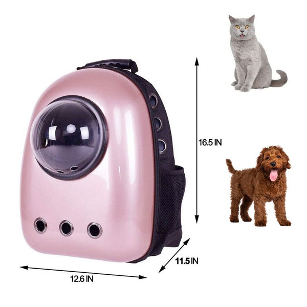 Pet Hardshell Traveling Backpack (pink), showing product dimensions.