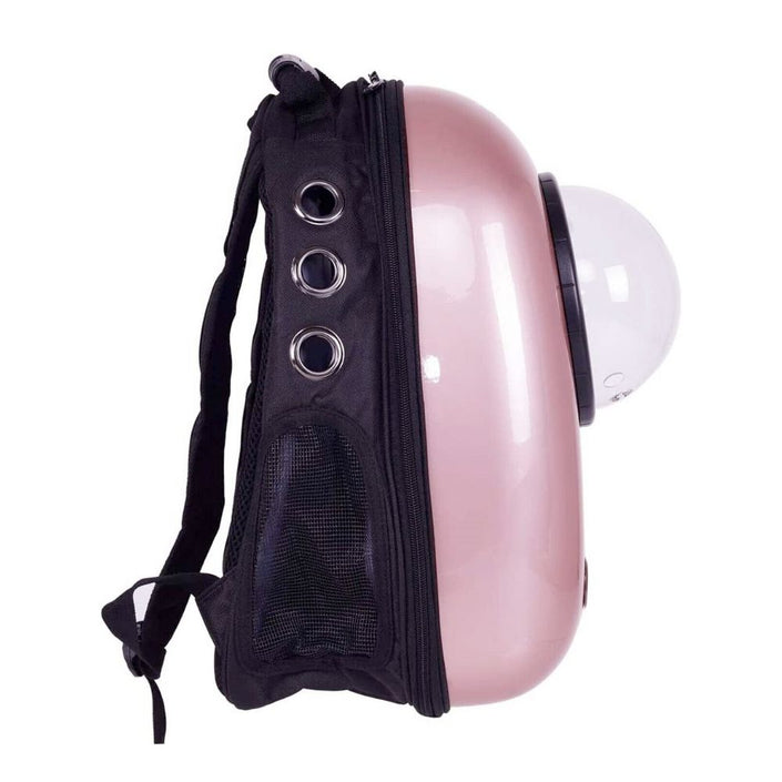 Pet Hardshell Traveling Backpack (pink), side view.