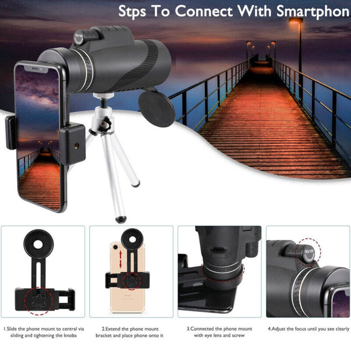 HD Monocular with Tripod for Smartphones, showing smartphone connection and alignment steps.