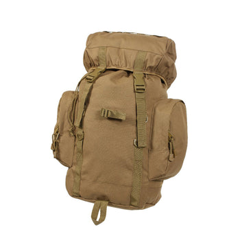 Rothco's 25L Military Tactical Backpack (Coyote Brown), rear view showing main compartment, 2 side pouches and elastic top cover secured by drawstring and adjustable straps with side-release buckles.