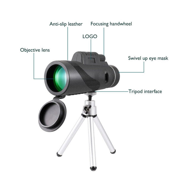 HD Monocular with Tripod for Smartphones, overview of physical features and interfaces.