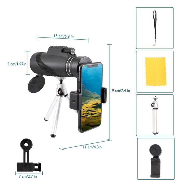 HD Monocular with Tripod for Smartphones, showing product dimensions and most of the included parts.