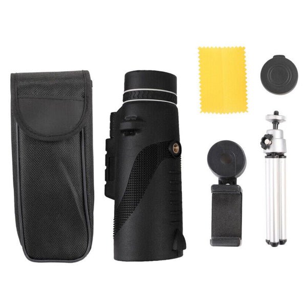 HD Monocular with Tripod for Smartphones, showing package contents.