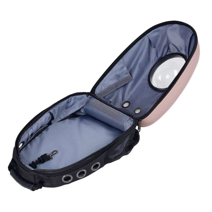 Pet Hardshell Traveling Backpack (pink), interior view showing backup restraint hook.