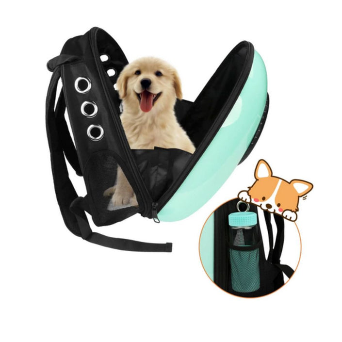 Pet Hardshell Traveling Backpack (green), unzipped