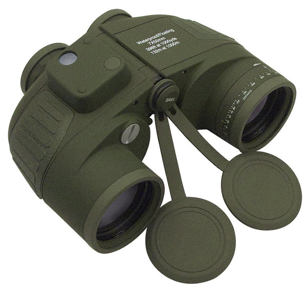Rothco 7 x 50MM Military Type Range Finding Binoculars (Olive Drab) showing the objective lenses and covers, range-finding dial, light meter and battery compartment.