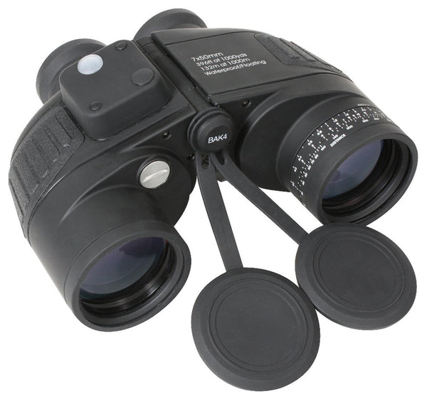 Rothco 7 x 50MM Military Type Range Finding Binoculars (Invisible Black) showing the objective lenses and covers, range-finding dial, light meter and battery compartment.