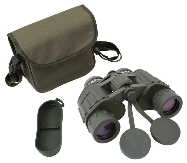 Rothco Military Style 8 x 42 MM Binoculars in a montage next to the single-piece ocular lens cover and the protective carrying case showing weather flap and shoulder strap.