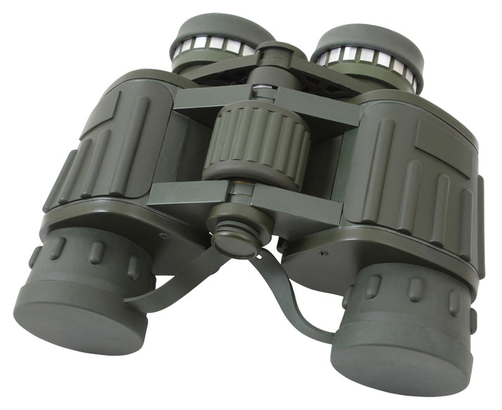 Rothco Military Style 8 x 42 MM Binoculars showing the objective lens covers in place, the ocular lens eyecups (stowed) and the folding axis with focusing wheel.
