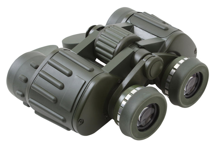 Rothco Military Style 8 x 42 MM Binoculars showing the ocular lenses and eyecups (stowed), the folding axis with focusing wheel and the objective lens covers.