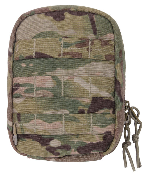 Rothco's MOLLE Tactical Trauma First Aid EMS Medical Kit (MultiCam), front view showing the 3 rows of MOLLE webbing for the attachment of additional supplies (not included).