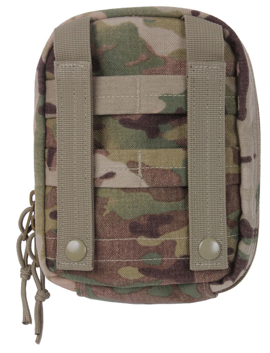 Rothco's MOLLE Tactical Trauma First Aid EMS Medical Kit (MultiCam), rear view showing the MOLLE compatible belt straps and elastic utility loops.