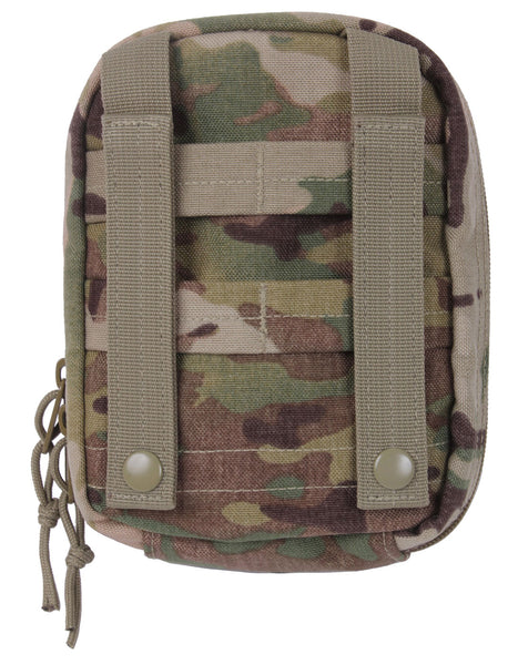 Rothco's MOLLE Tactical Trauma First Aid EMS Medical Kit (MultiCam), rear view showing the MOLLE compatible belt straps and elastic utility loops.