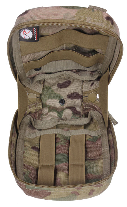 Rothco's MOLLE Tactical Trauma First Aid EMS Medical Kit, top view with pouch open and contents removed.