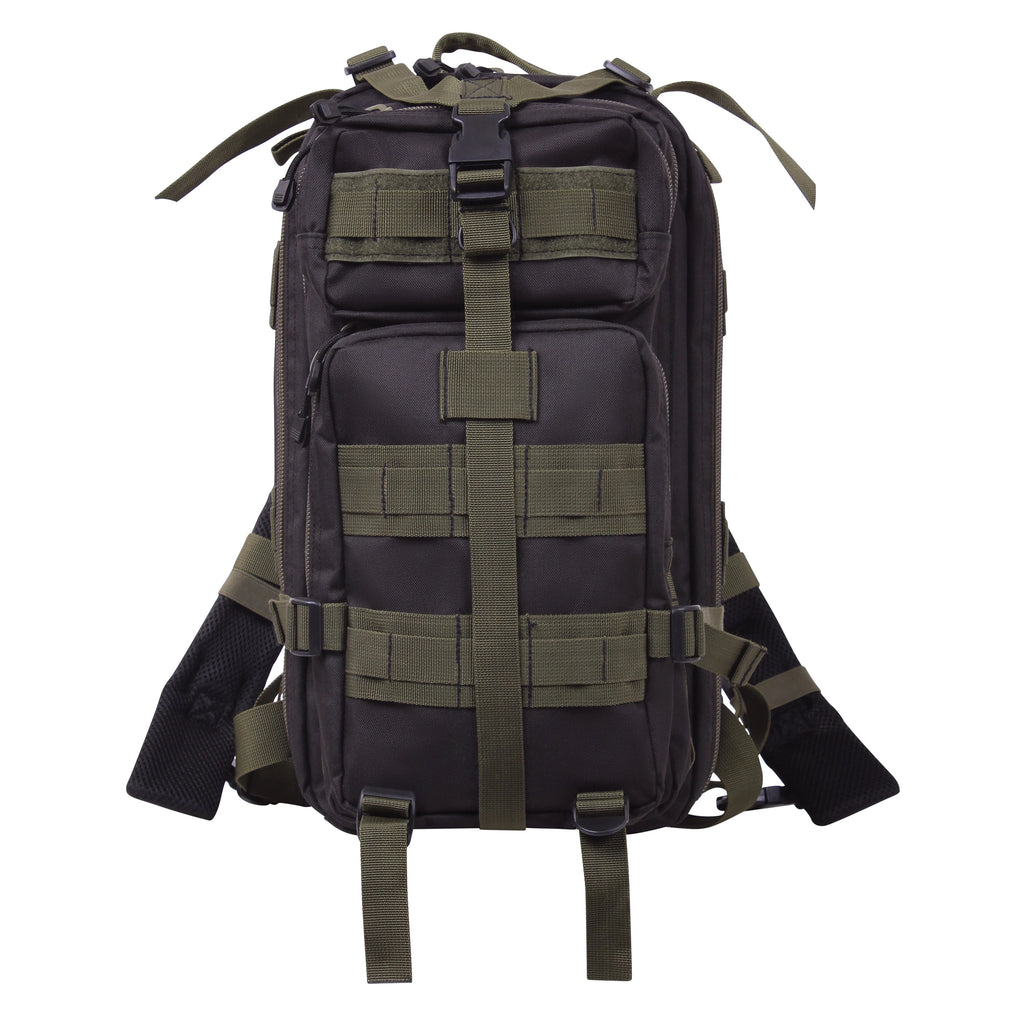 Black and green tactical backpack on a white background