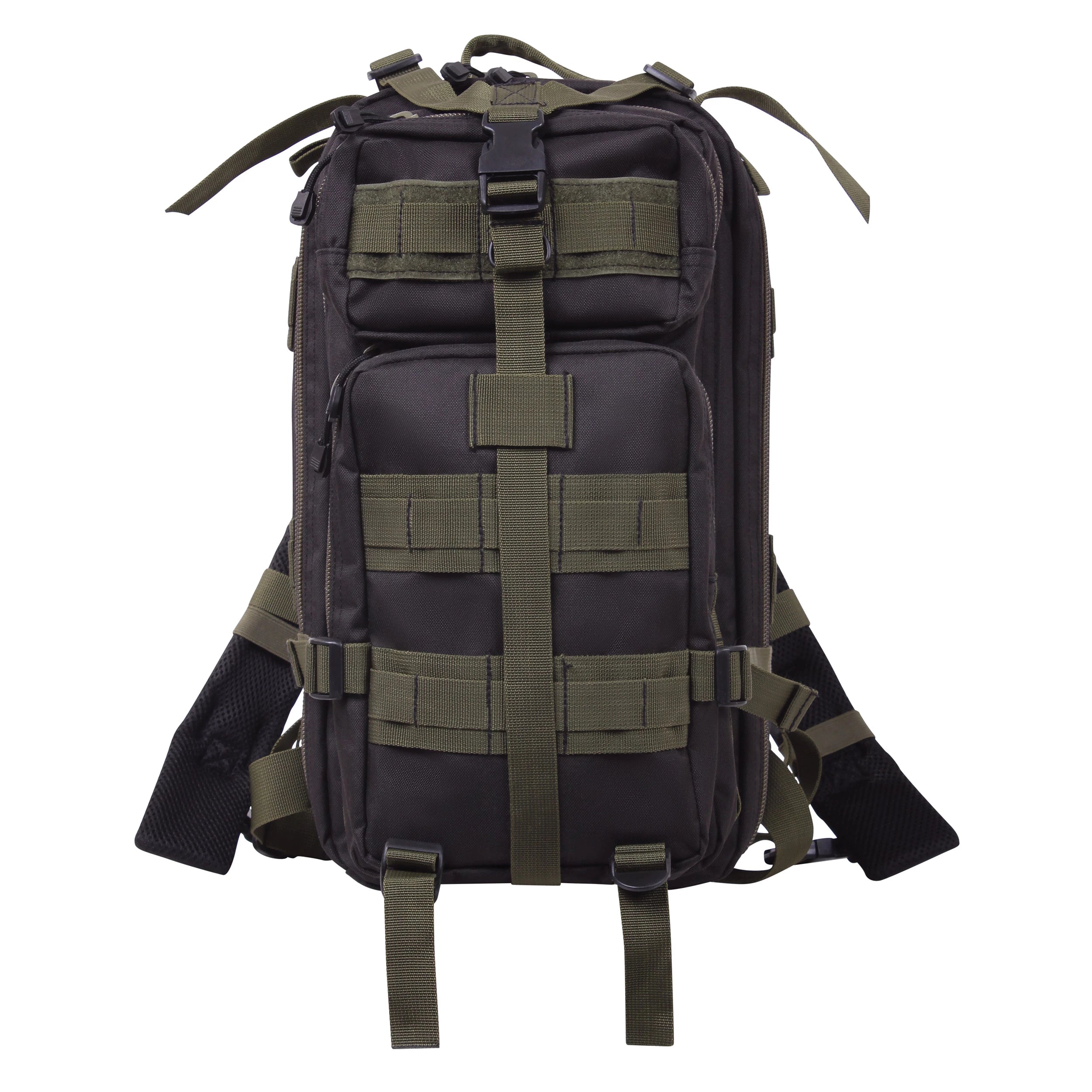 Black and green tactical backpack on a white background