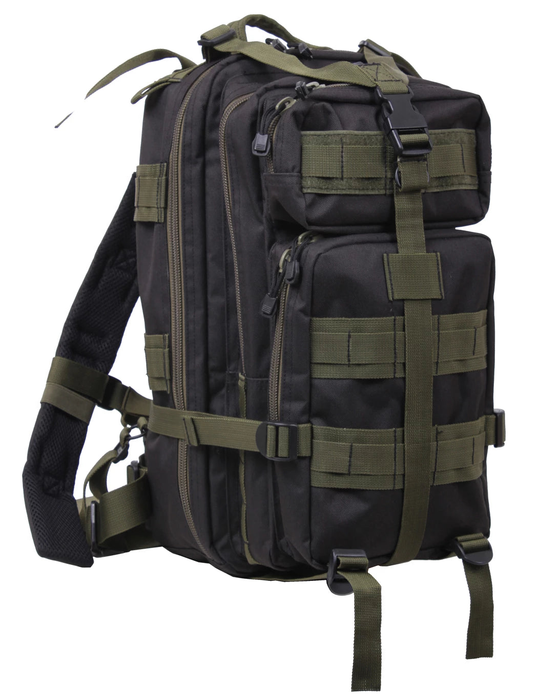 Black tactical backpack with green straps on a white background