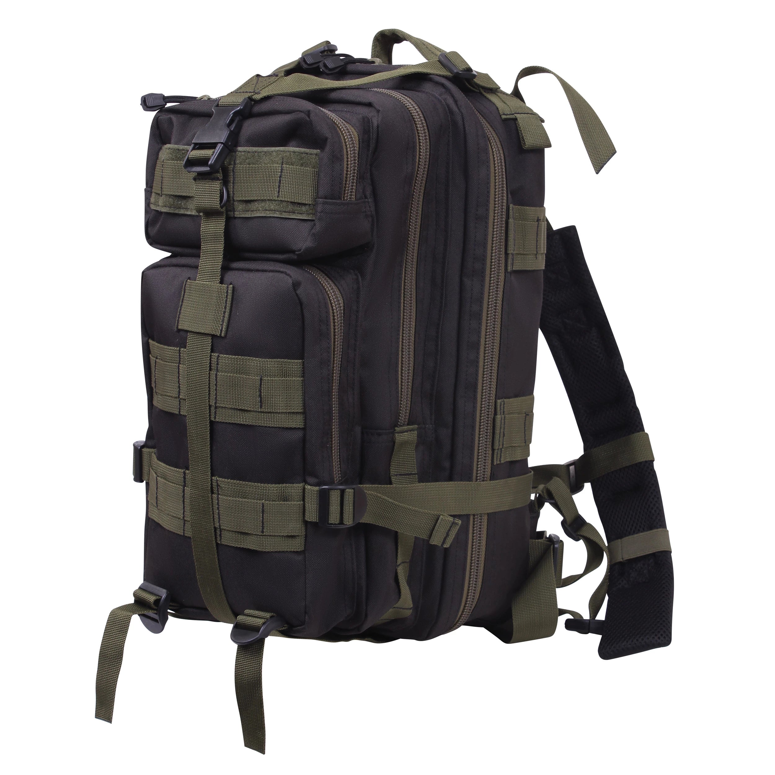 Black and green tactical backpack on a white background