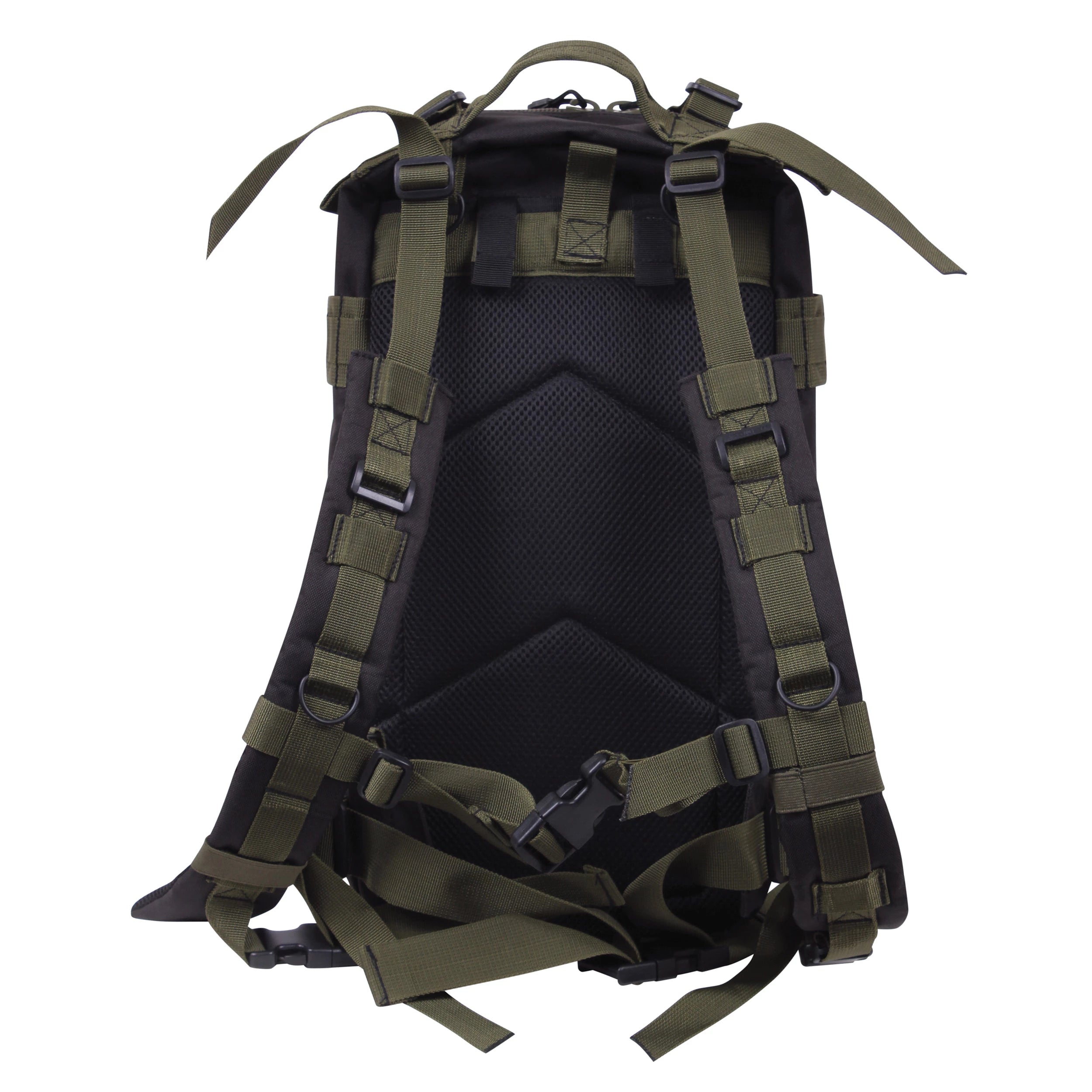 Black backpack with green straps on a white background