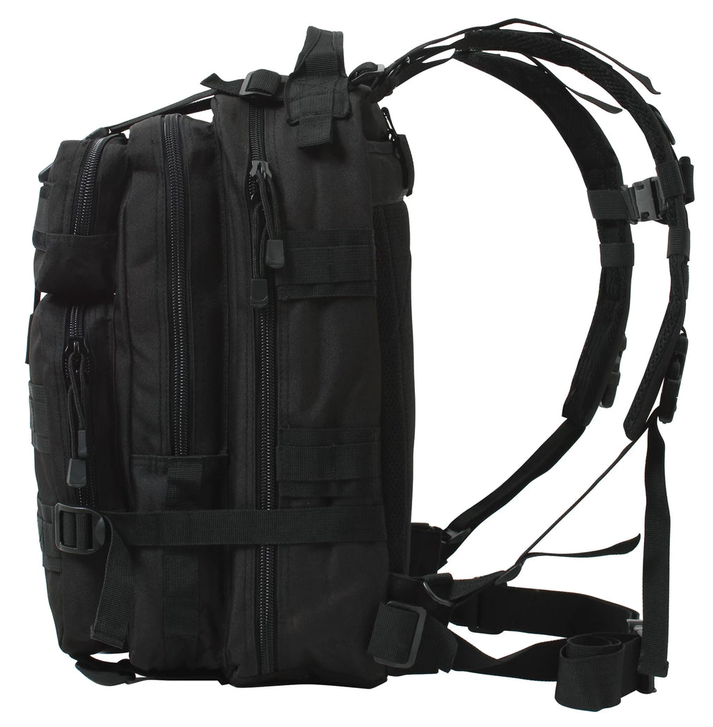 Black tactical backpack on a white background