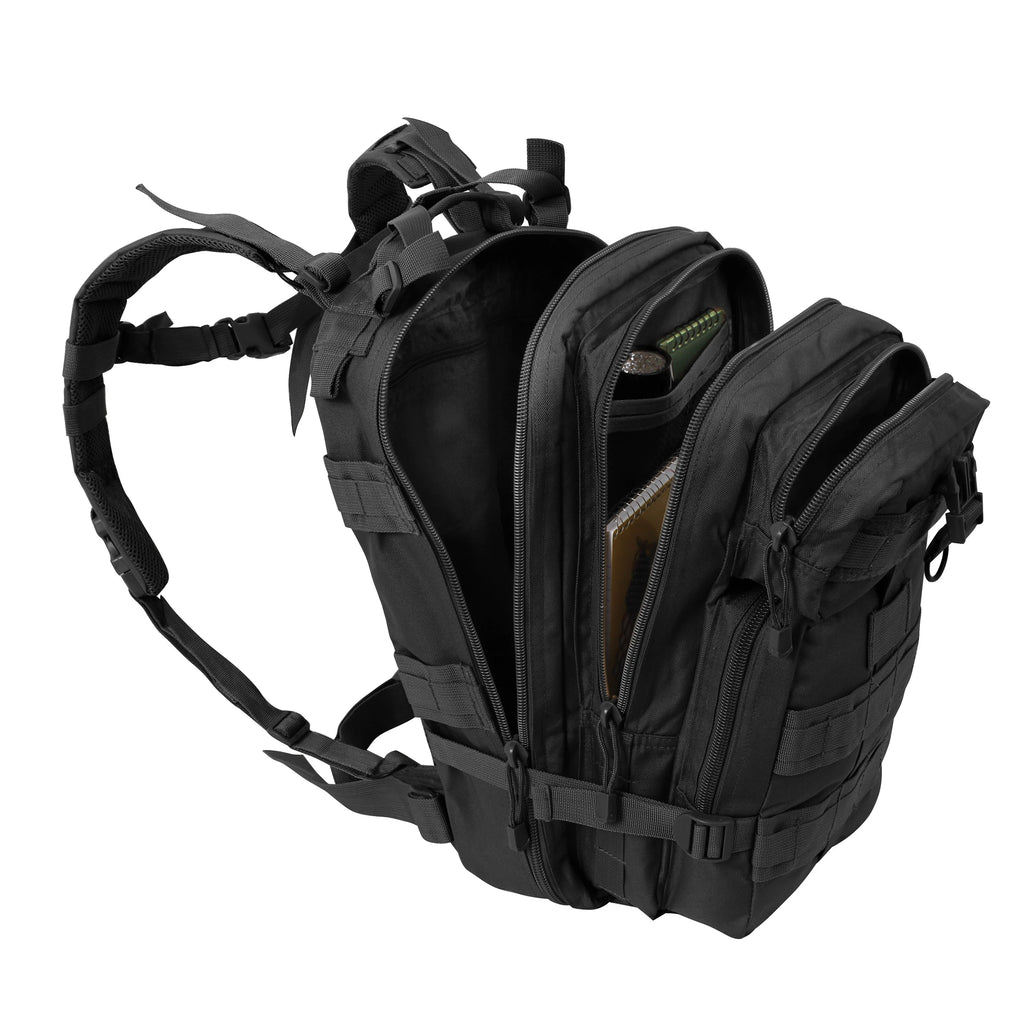 Black tactical backpack on a white background