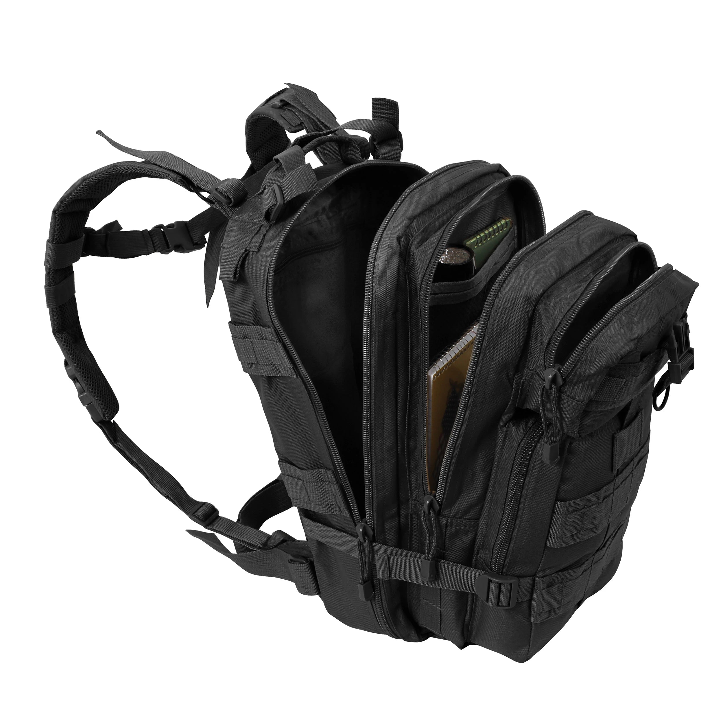 Black tactical backpack on a white background