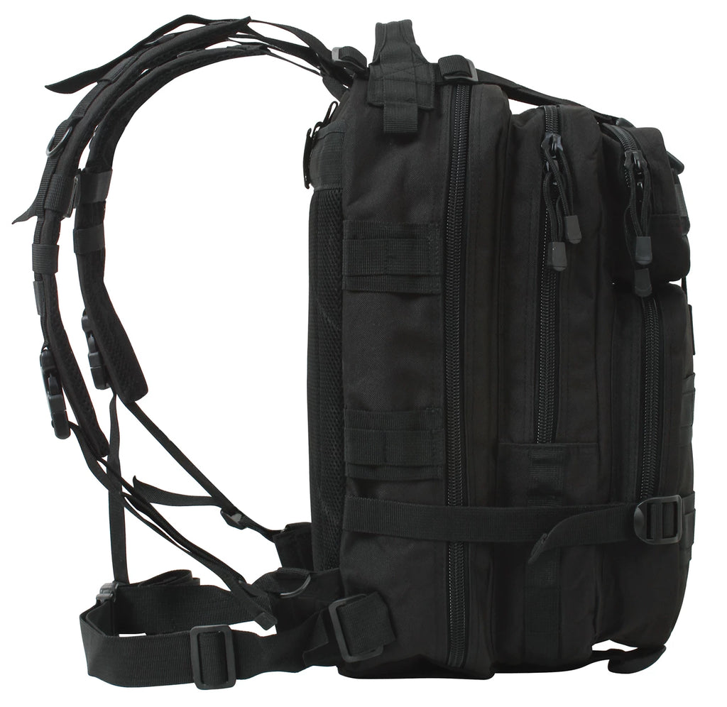 Black tactical backpack on a white background