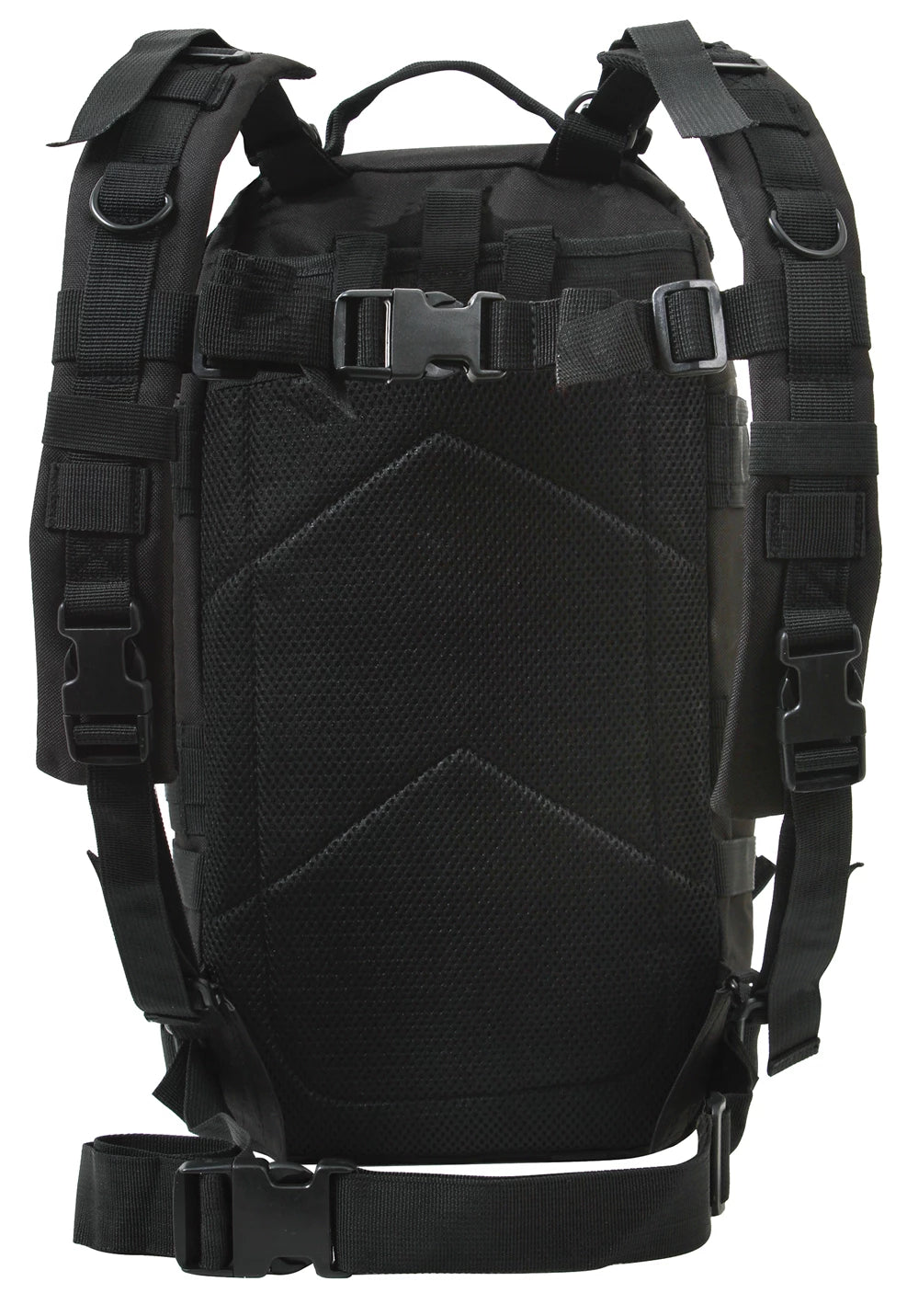 Black tactical backpack with straps on a white background