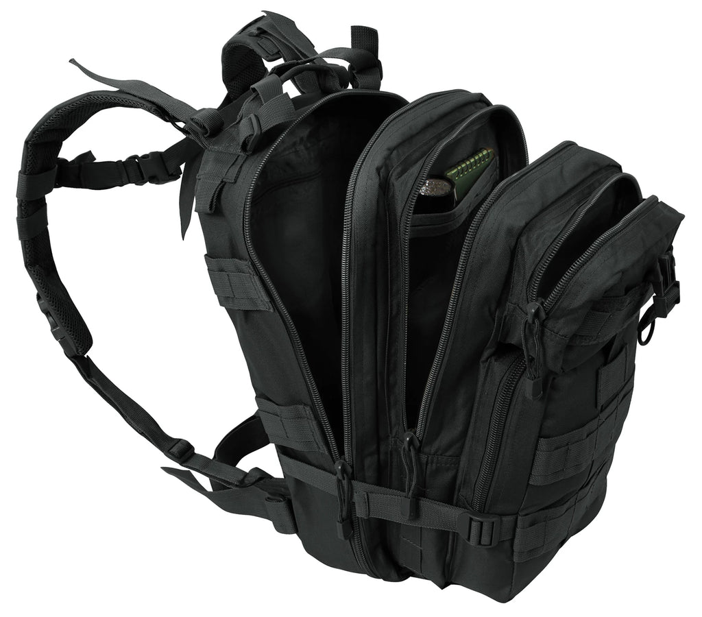 Black tactical backpack on a white background