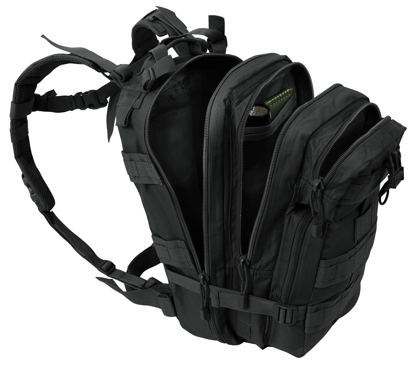 Black tactical backpack on a white background