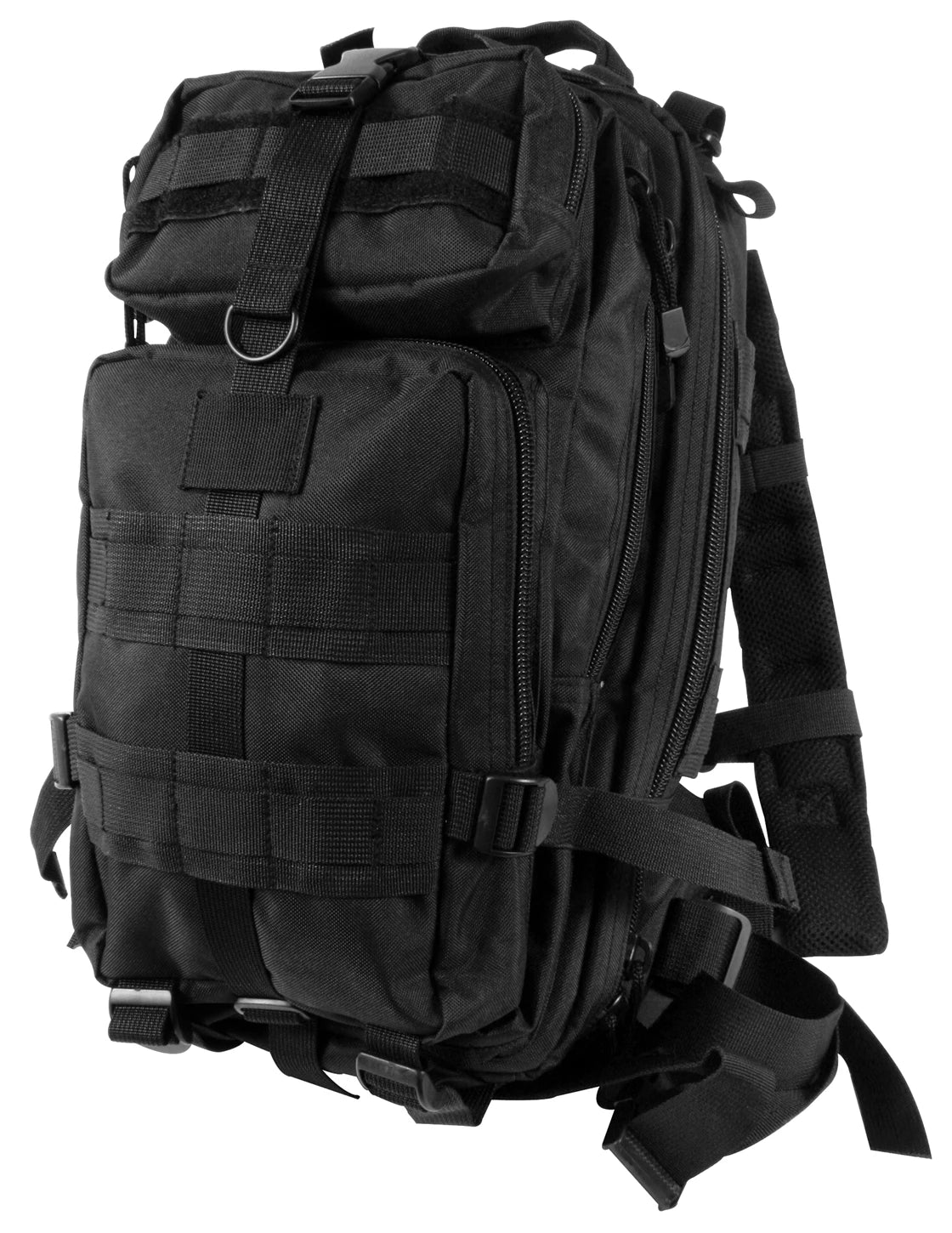 Black tactical backpack on a white background