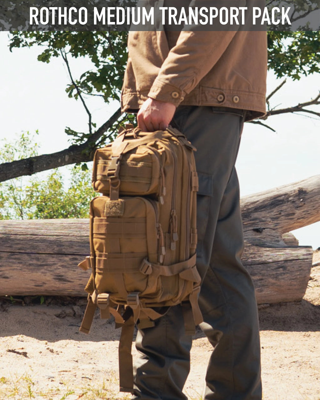 Person holding a Rothco medium transport pack in a natural setting