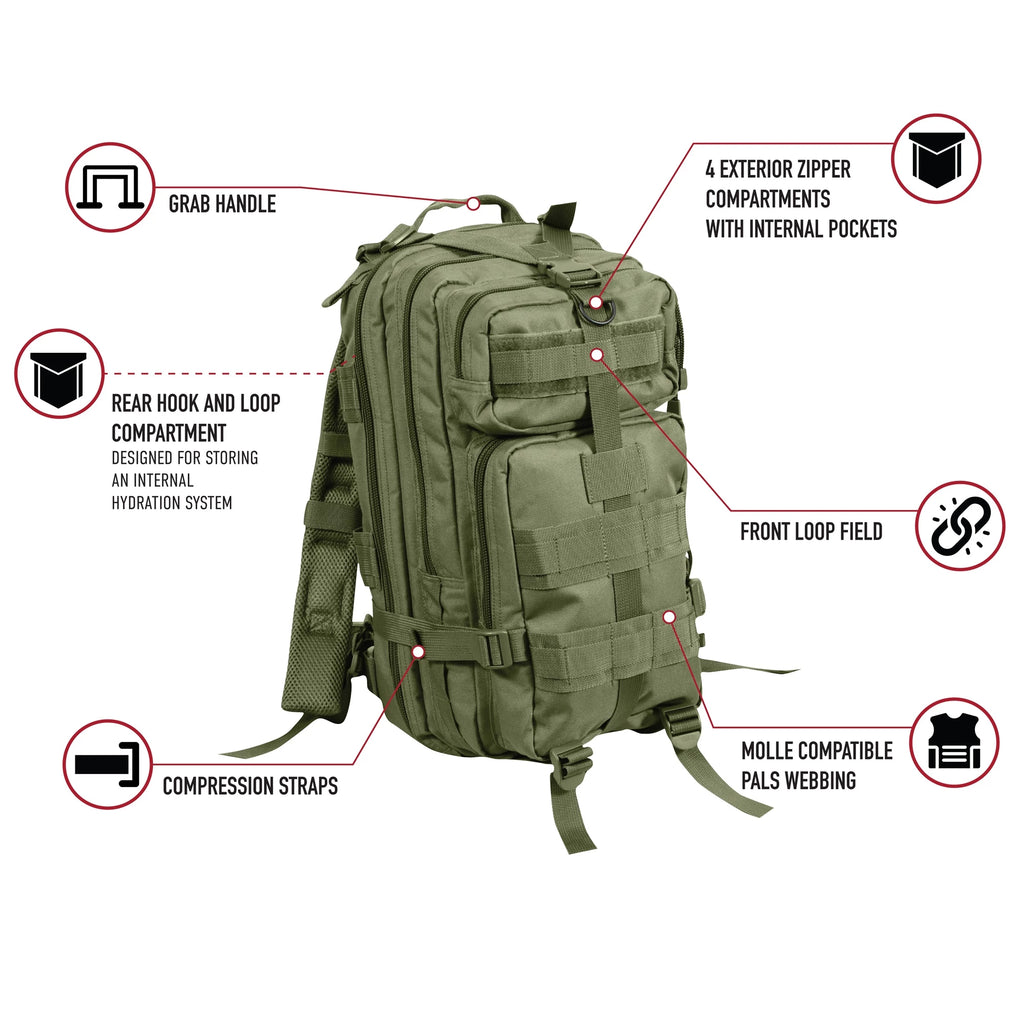 Green tactical backpack with labeled features on a white background