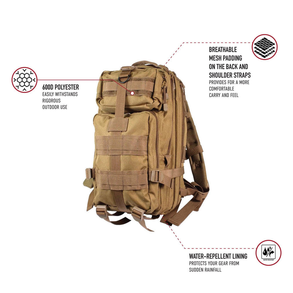 Tan backpack with features highlighted on a white background
