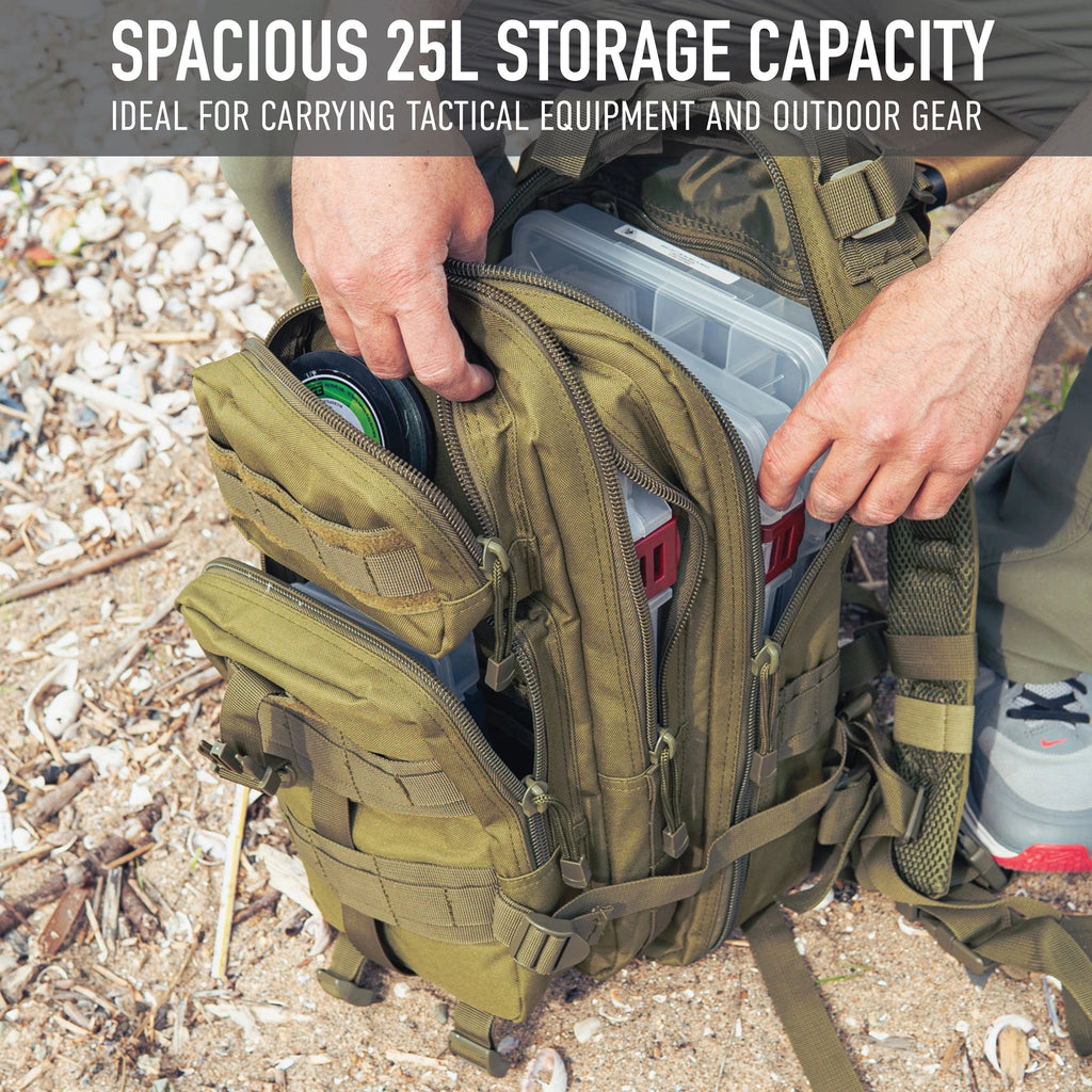 Person opening a green tactical backpack with storage capacity text overlay