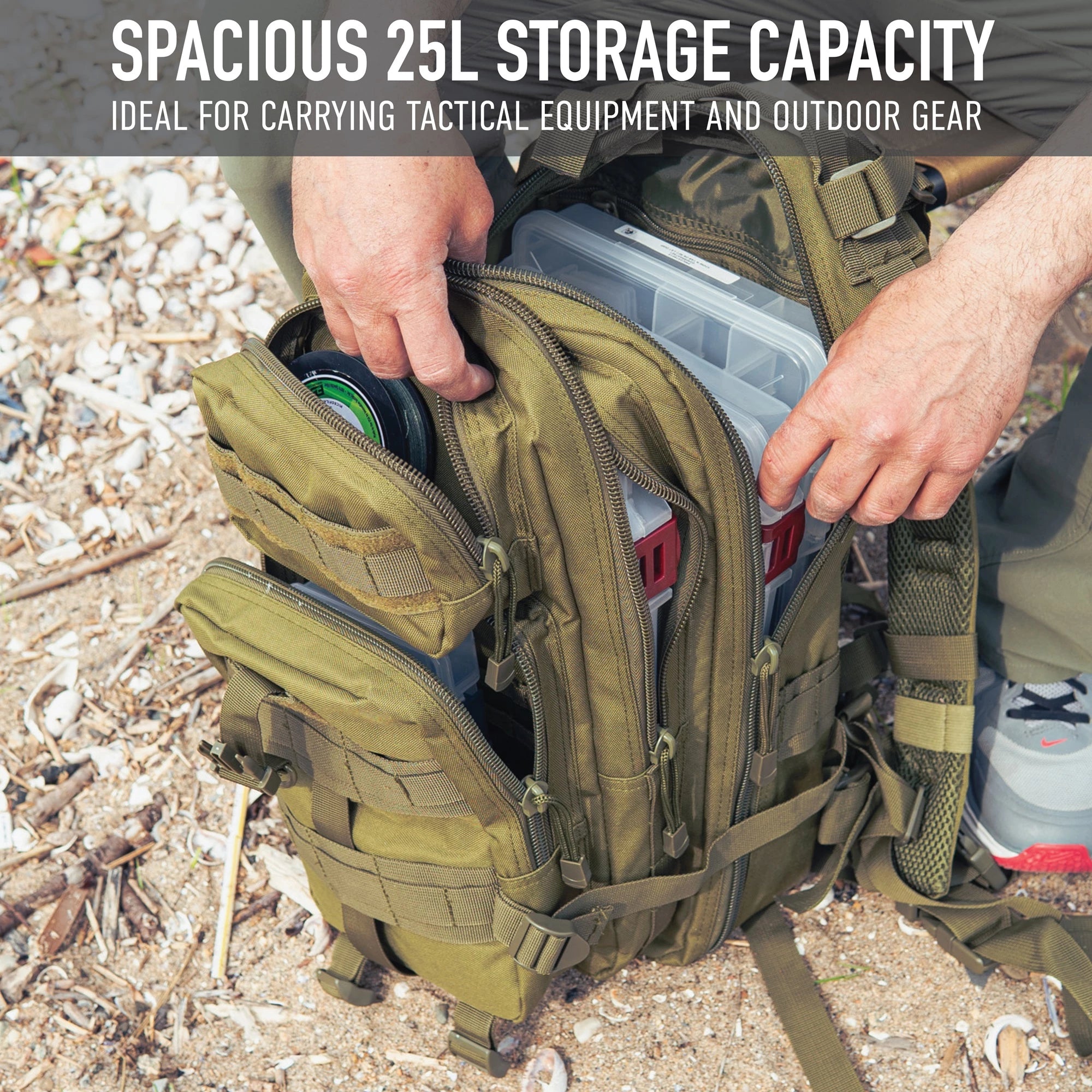 Person opening a green tactical backpack with storage capacity text overlay
