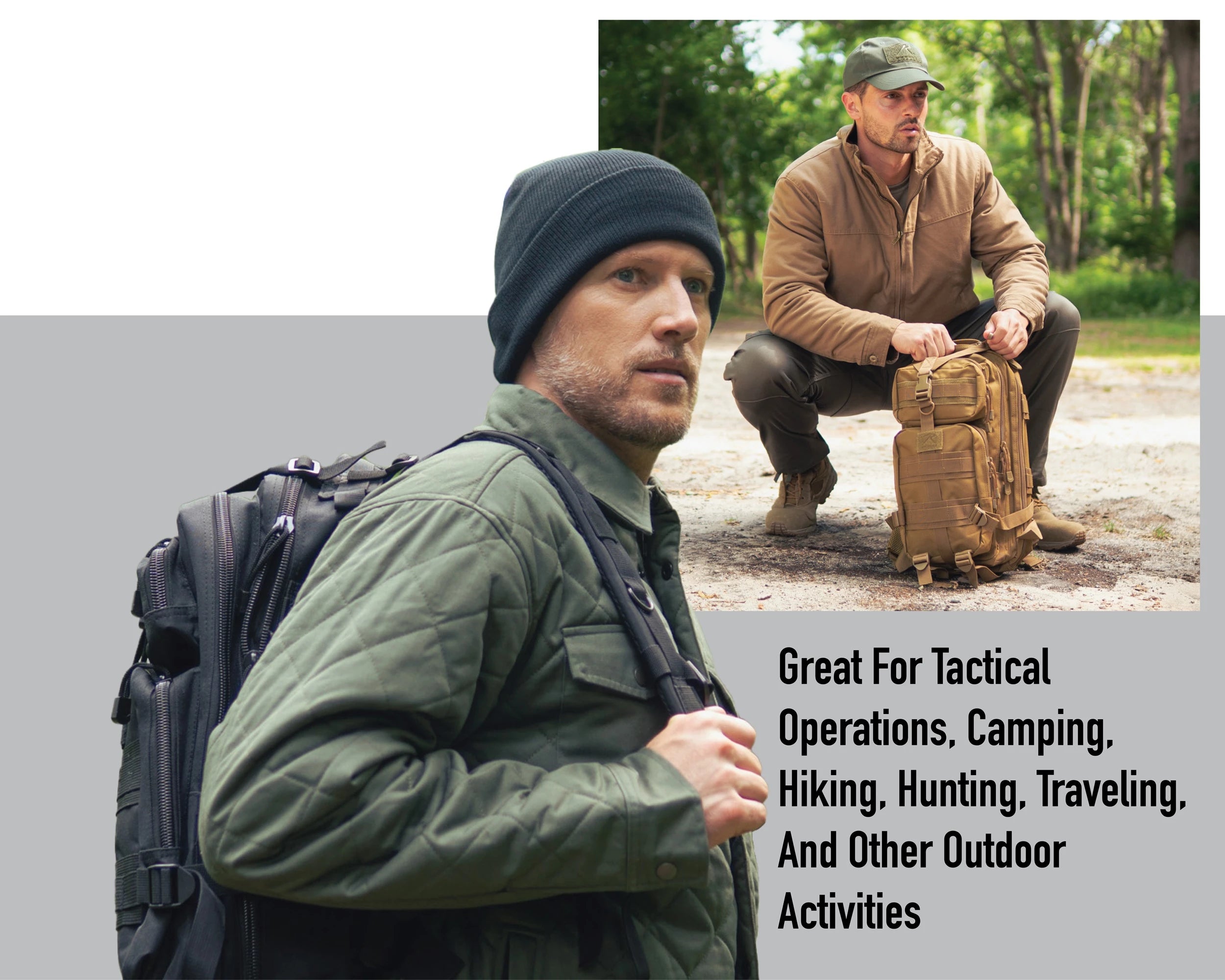 Man in tactical gear with backpack and another man with a backpack and bag outdoors.